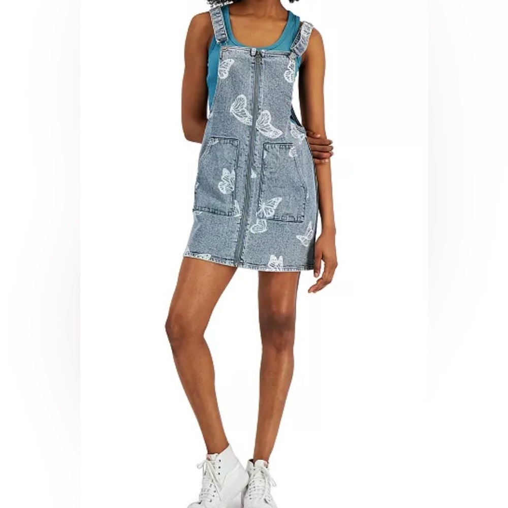 Tinseltown Sleeveless Butterfly-Print Zip-Front Pinafore Denim Skirtall Size XS